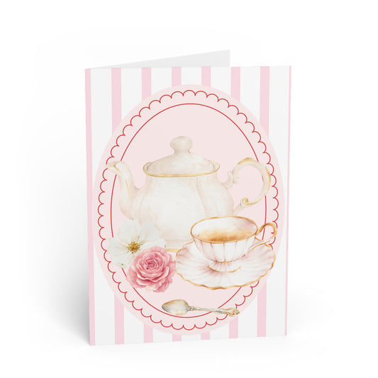 Tea Time Vintage Greeting Card — Pink Teapot & Teacup Floral Note Card